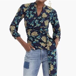 J Crew Drapey Crepe Wrap Blouse Top Womens XXS‎ Blue Yellow Floral Side Tie Boho